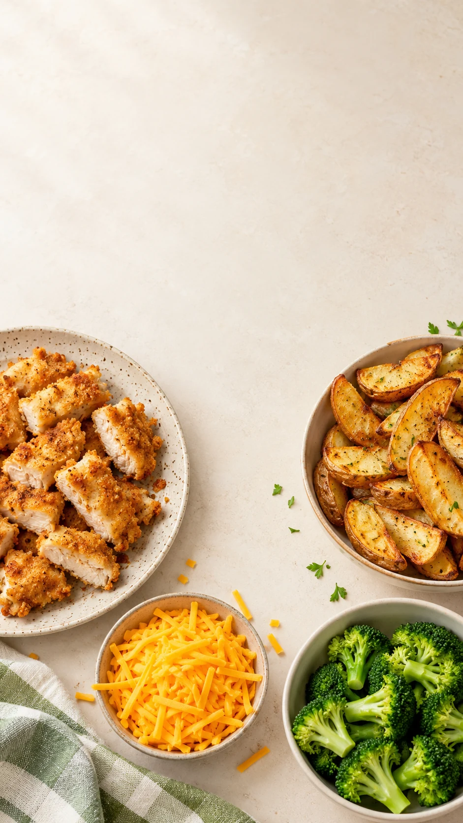 Crispy chicken, potato wedges, cheddar, and broccoli served as separate familiar foods